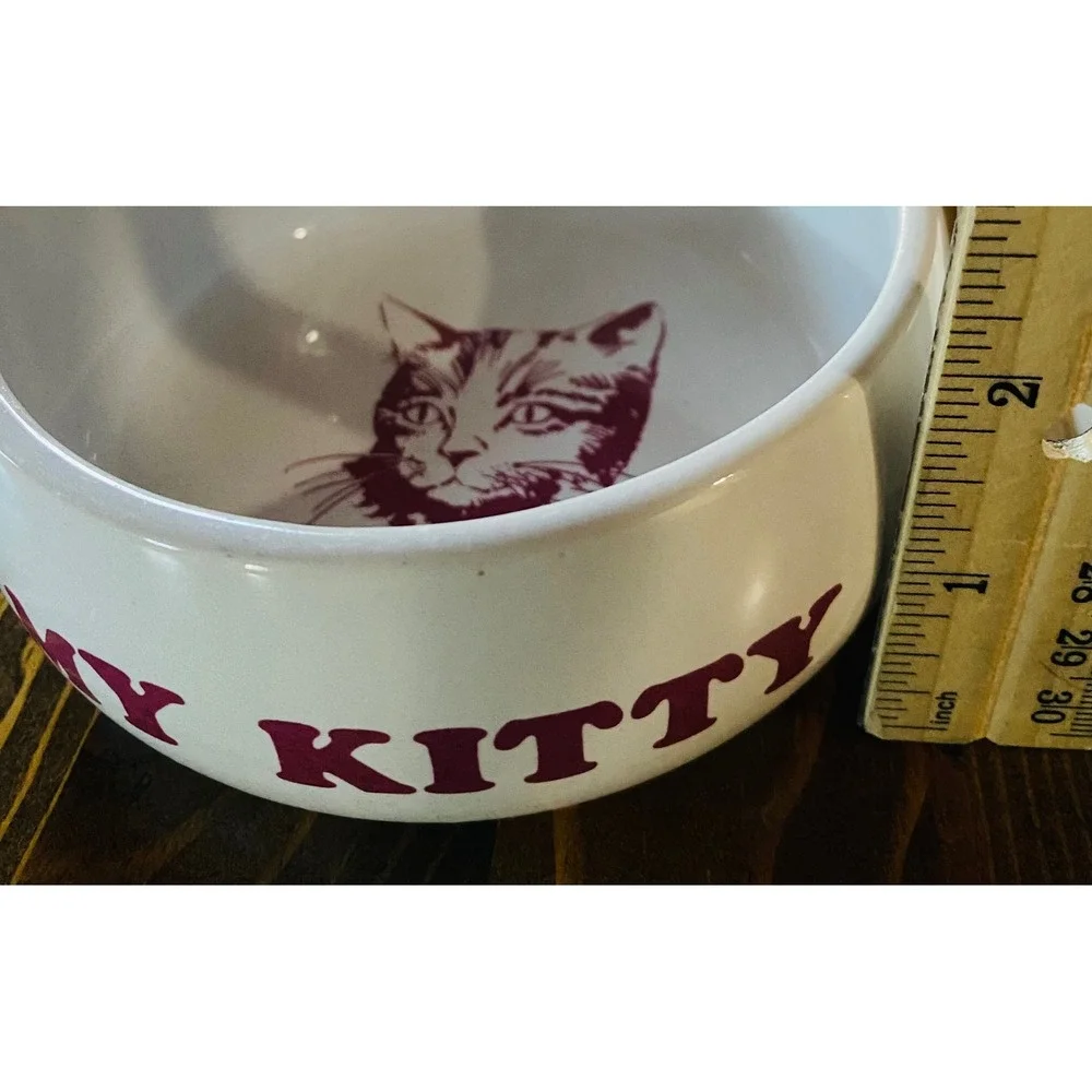 Vintage Ceramic Cat Bowls Set of 2 My Kitty White Burgundy Brown Stoneware